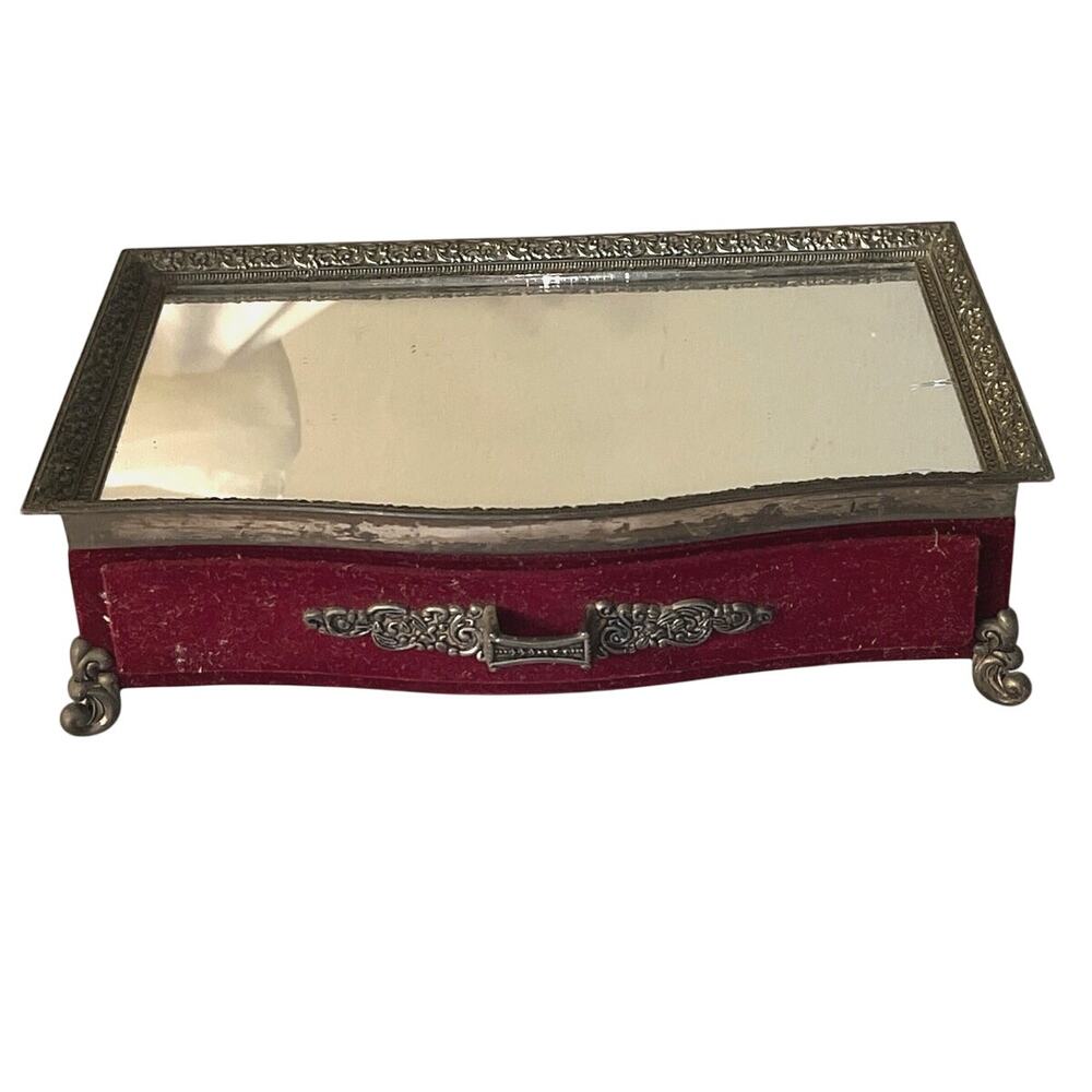 VTG Studio Silversmiths Glass Top Jewelry Box Red Velvet Trinket Victorian